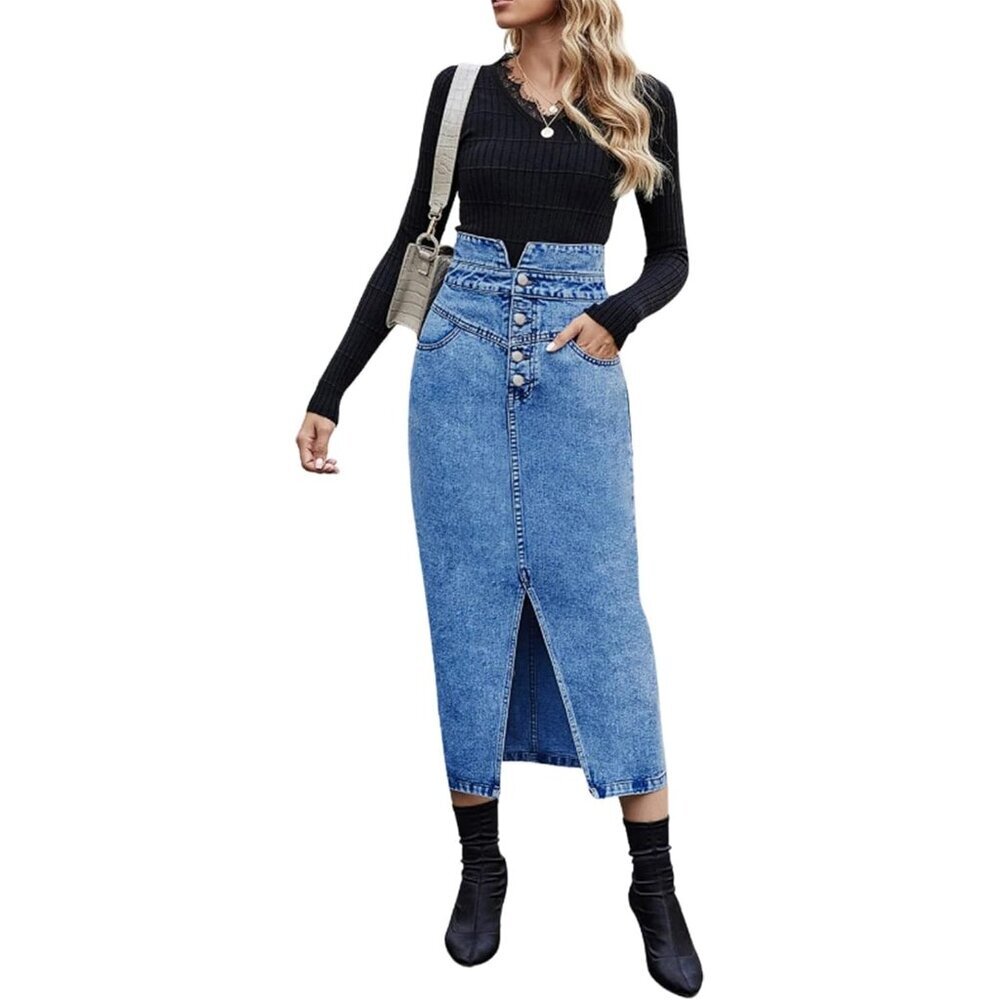 Women's Denim Midi Skirt High Waist Slim Fit Slit Hem Casual Fashion
